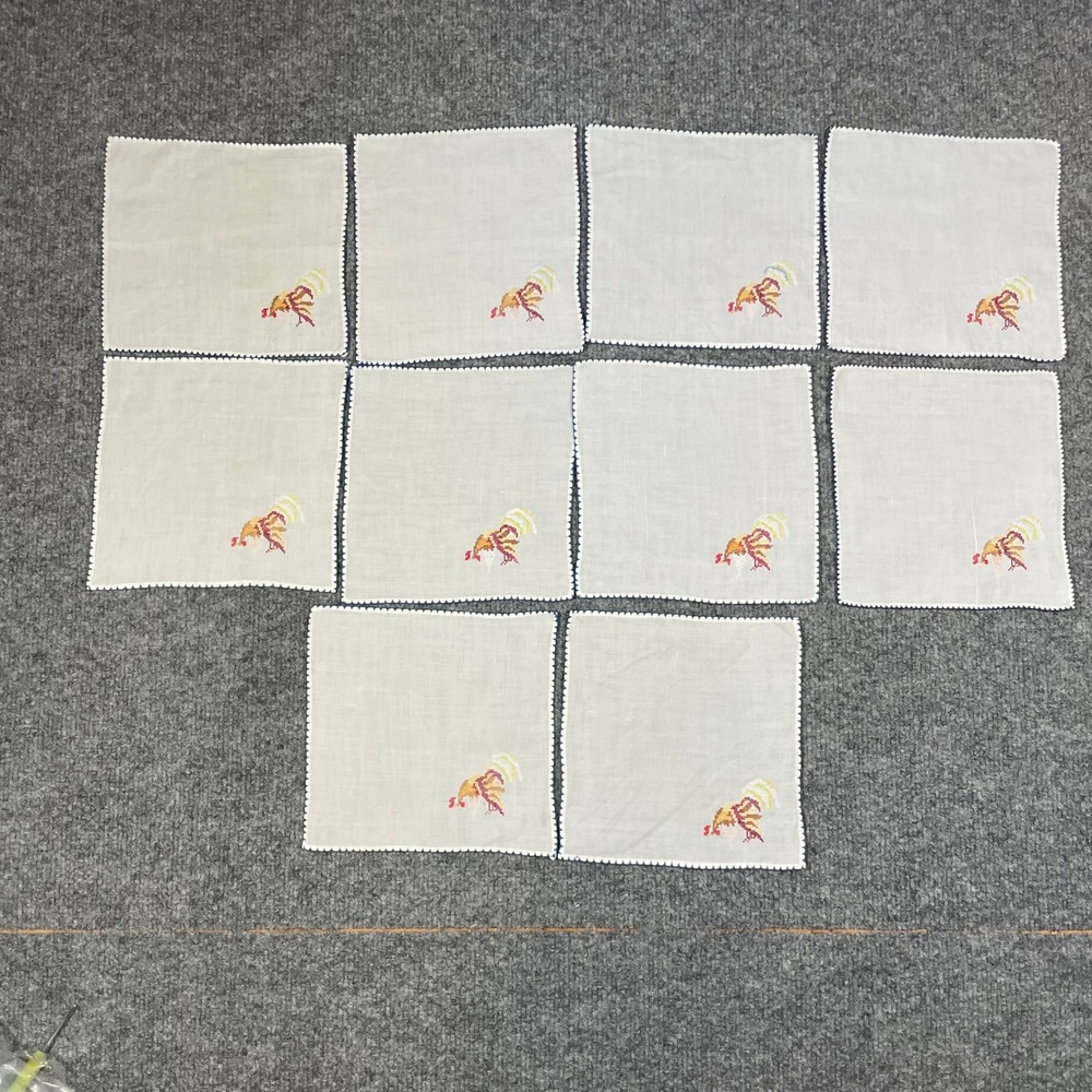 Handmade Cross Stitch Napkins 8x8 Rooster Set 10 Breakfast Napkins Brunch Linen